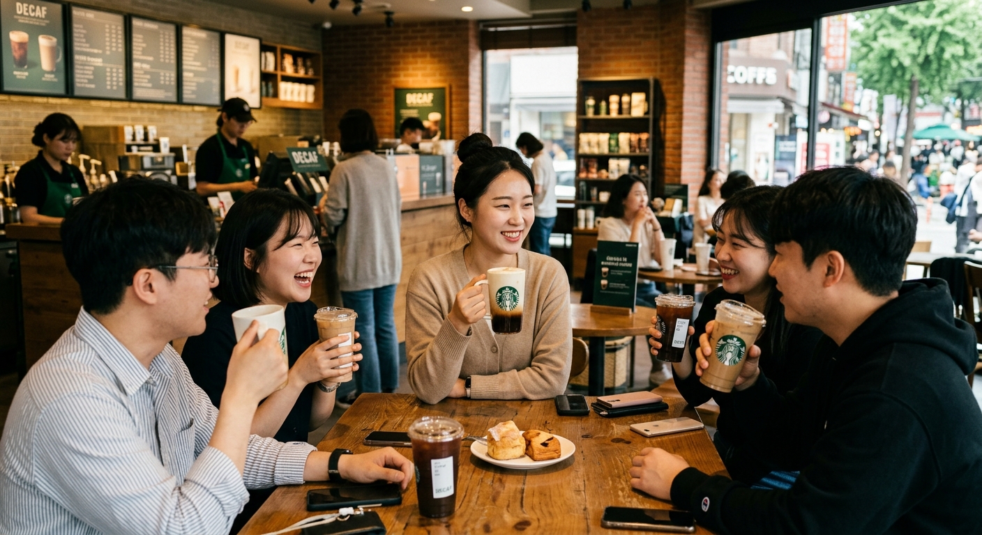 카페 테이블 위에 놓인 디카페인 아메리카노와 라떼가 함께 보이는 장면