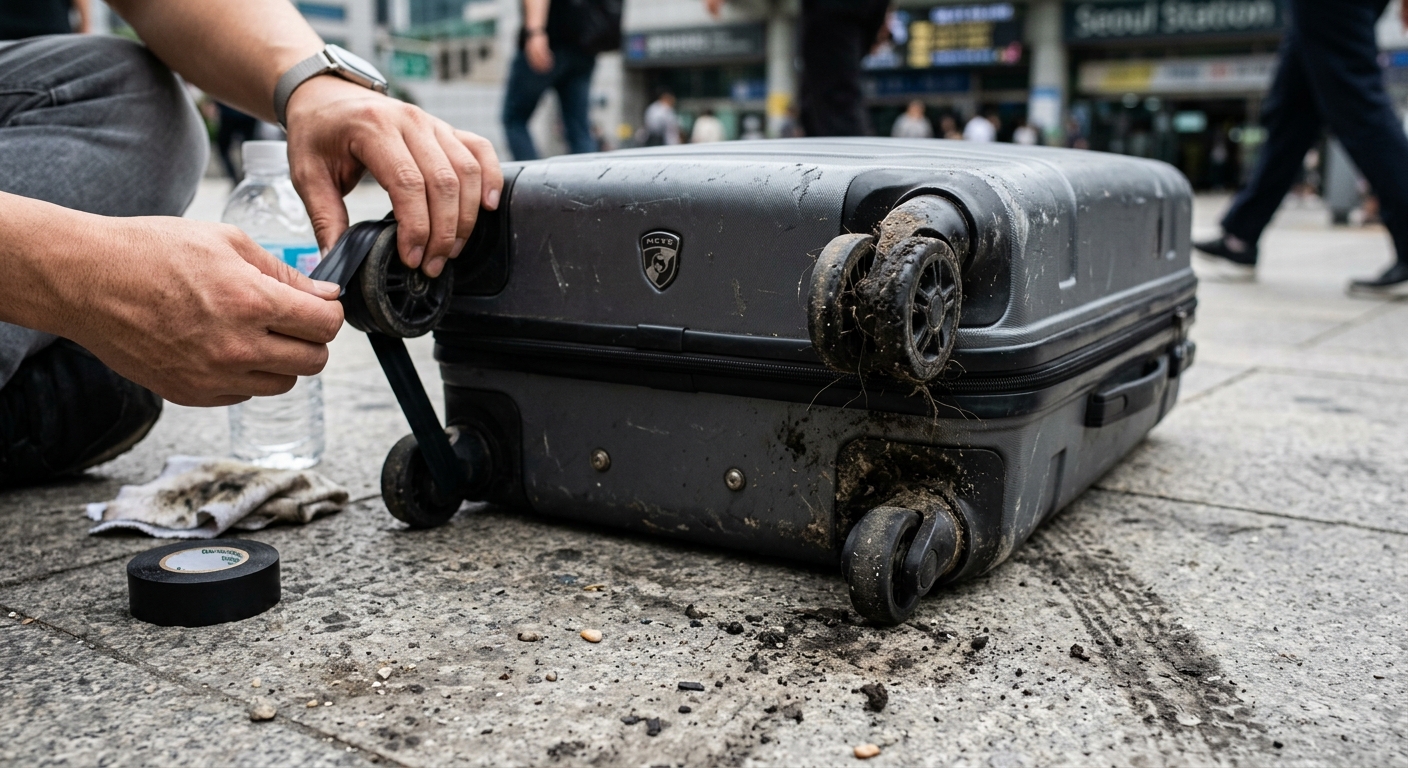 공항과 도심 바닥을 지나 오염이 묻은 여행용 캐리어 바퀴 클로즈업