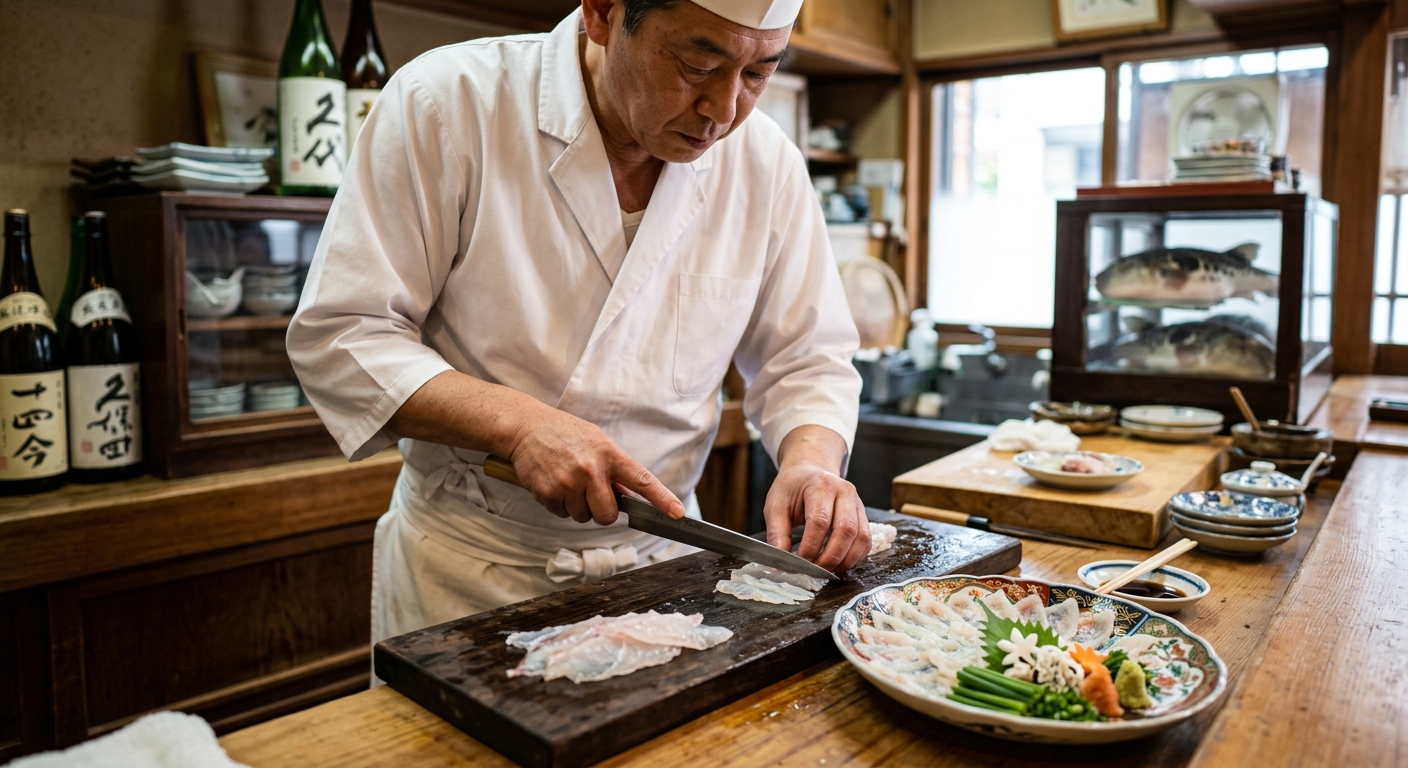 맑은 국물의 복어탕과 흰살 복어 요리가 차려진 식탁