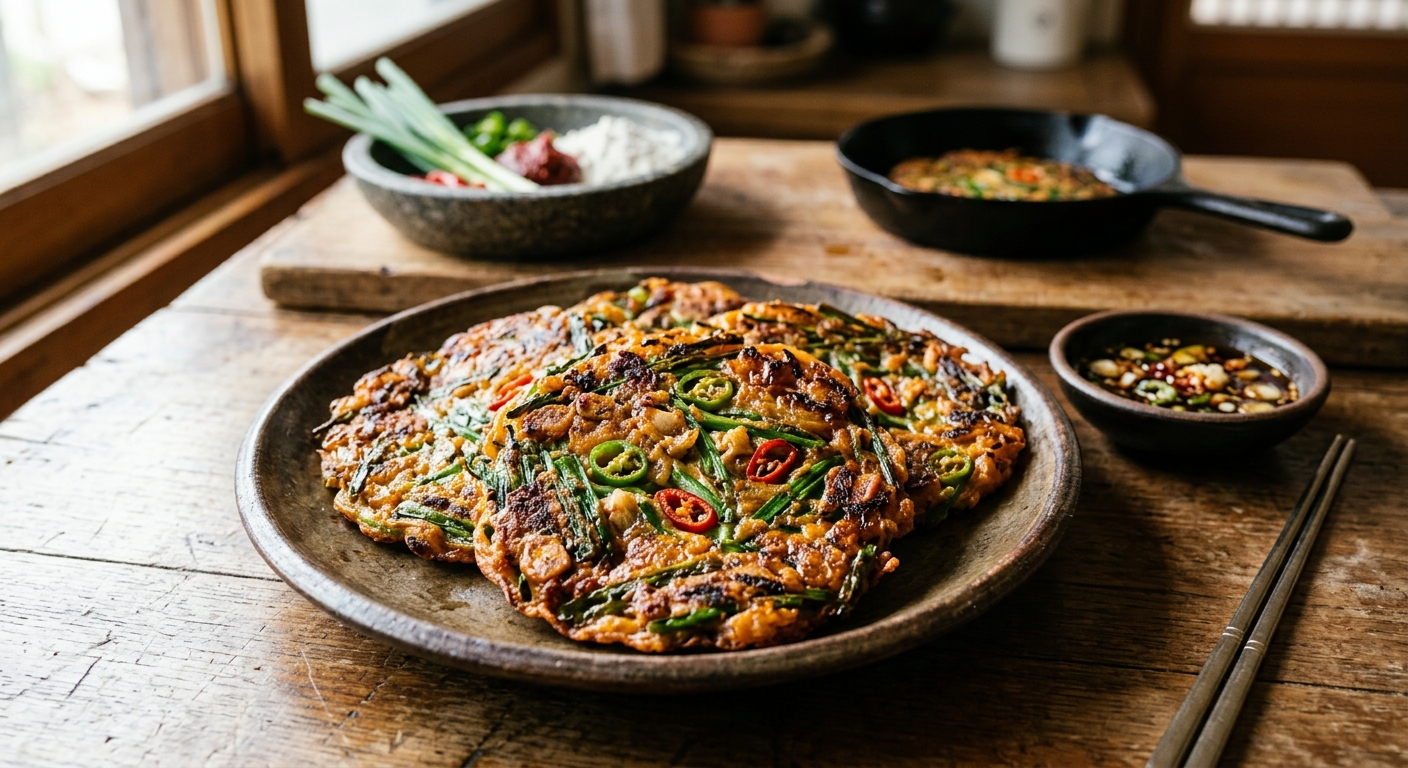 바삭하게 구워진 부추장떡이 접시에 담긴 모습