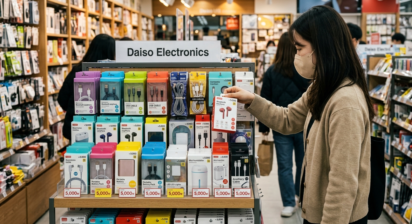 다이소 스타일 매대에 저가 전자기기들이 정리되어 있는 모습