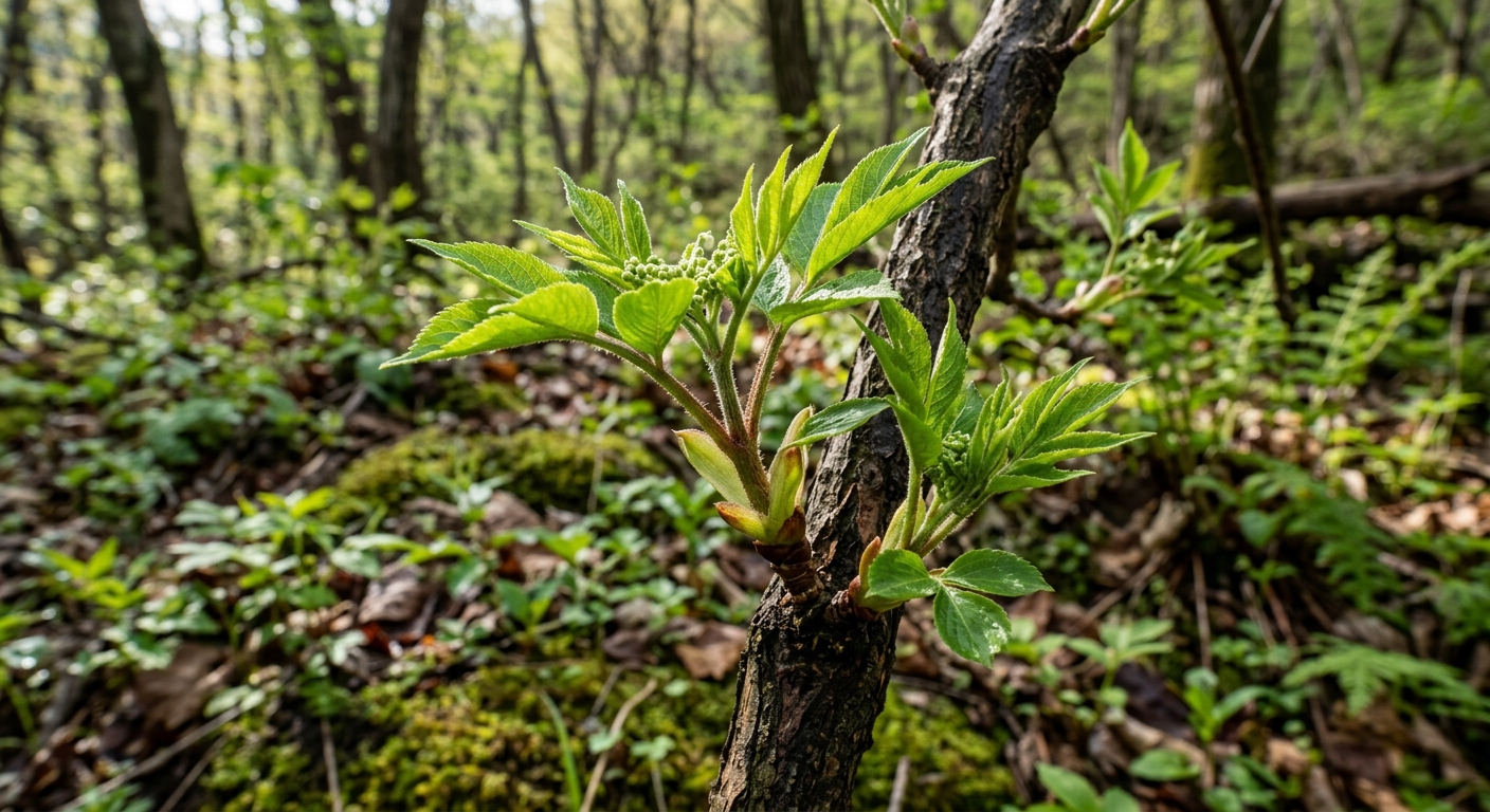 봄에 막 올라온 딱총나무 새순과 깃꼴겹잎 형태를 보여주는 사진