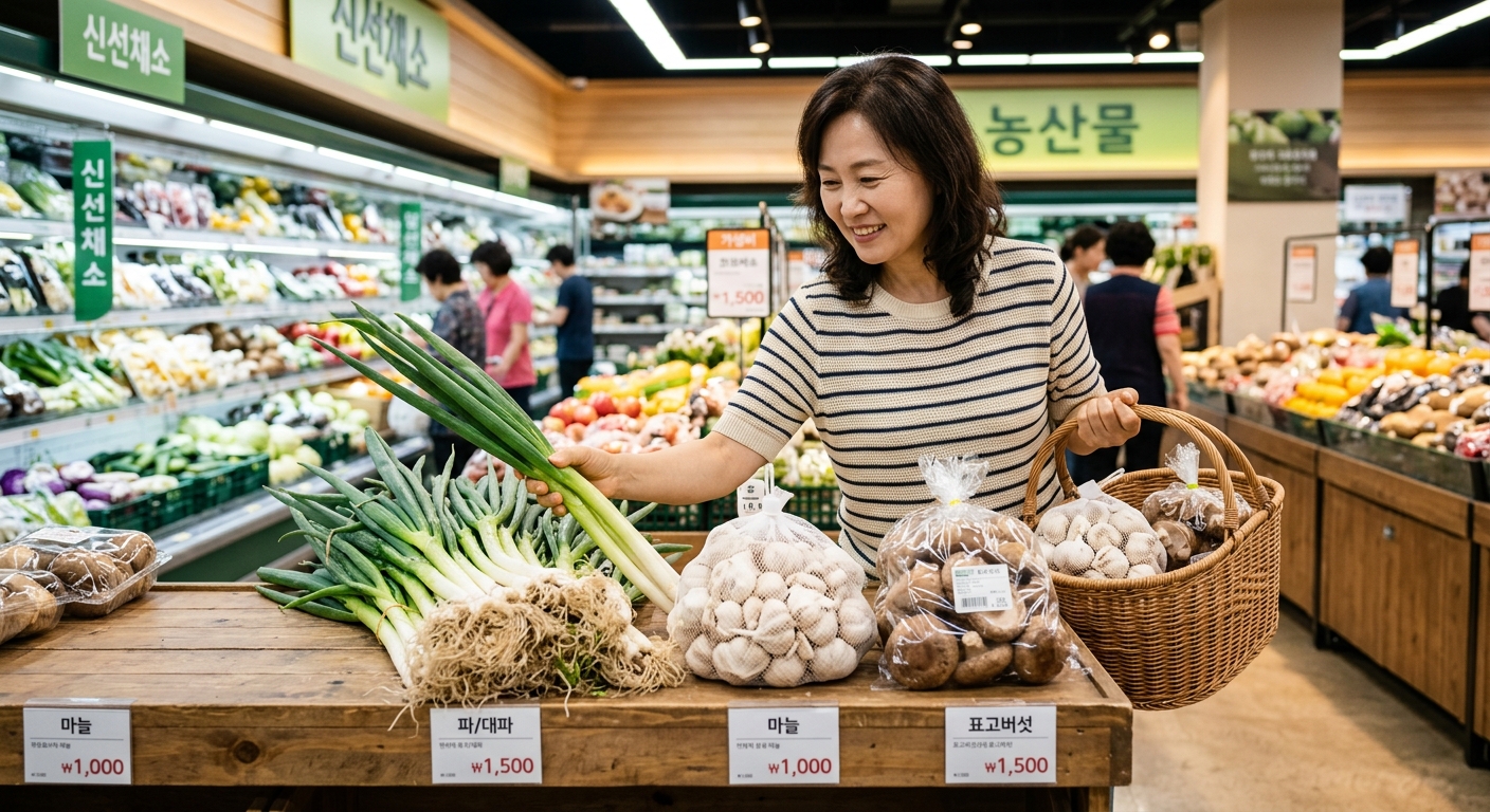 마트에서 저렴한 채소를 고르는 장면과 신선한 식재료들
