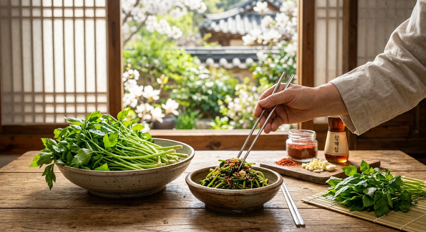 춘곤증이 심한 봄철에 어울리는 다양한 봄나물 반찬이 차려진 식탁