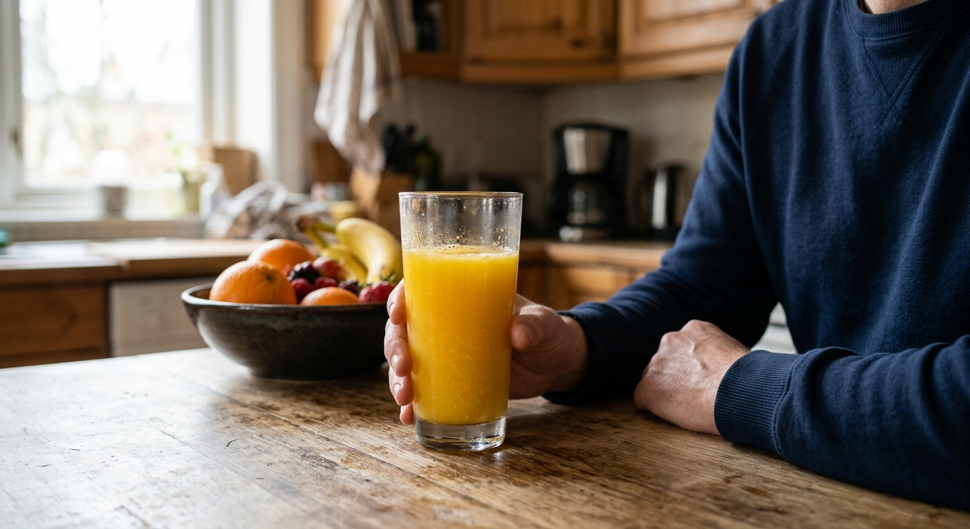 건강한 음식과 음료가 놓인 식탁 앞에서 간 건강을 생각하는 모습
