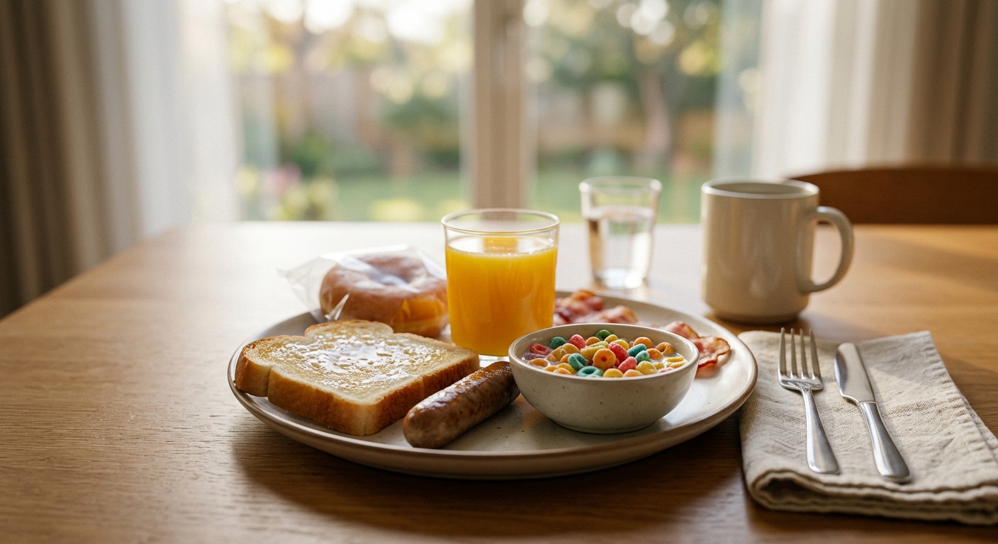 아침 공복에 음식이 들어올 때 혈당 반응과 췌장 부담을 보여주는 건강 정보 이미지