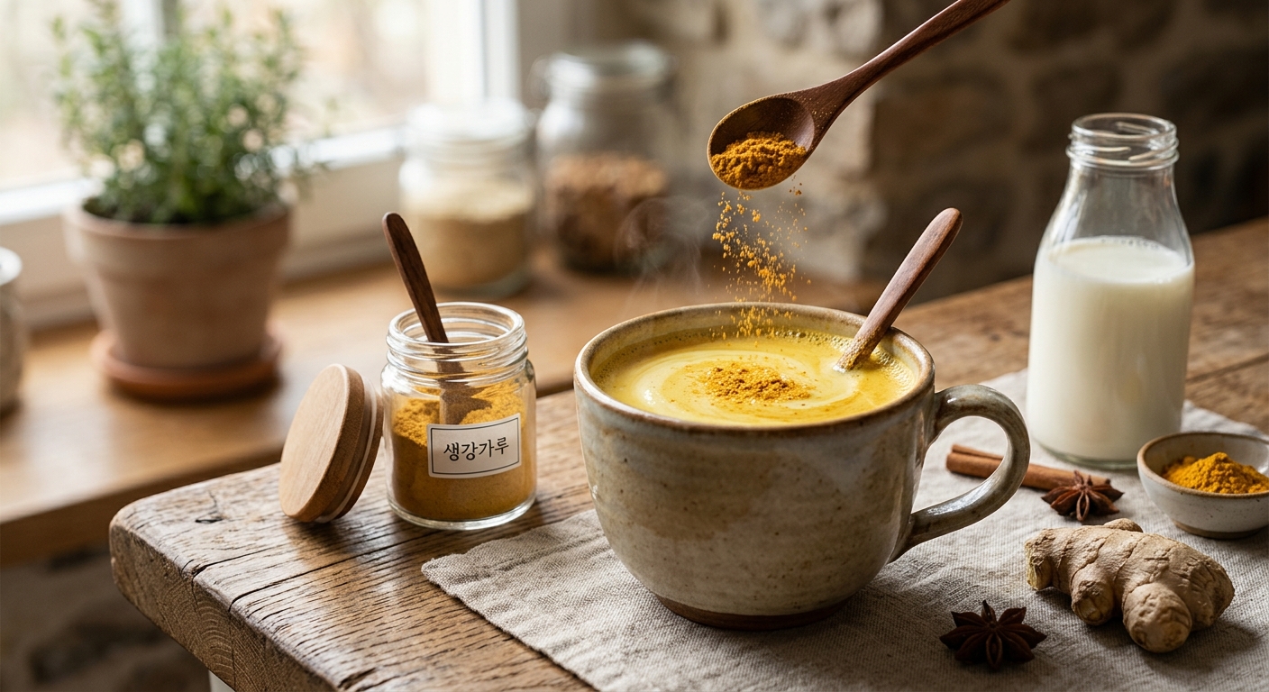 머그컵에 담긴 따뜻한 우유에 생강가루를 넣는 모습