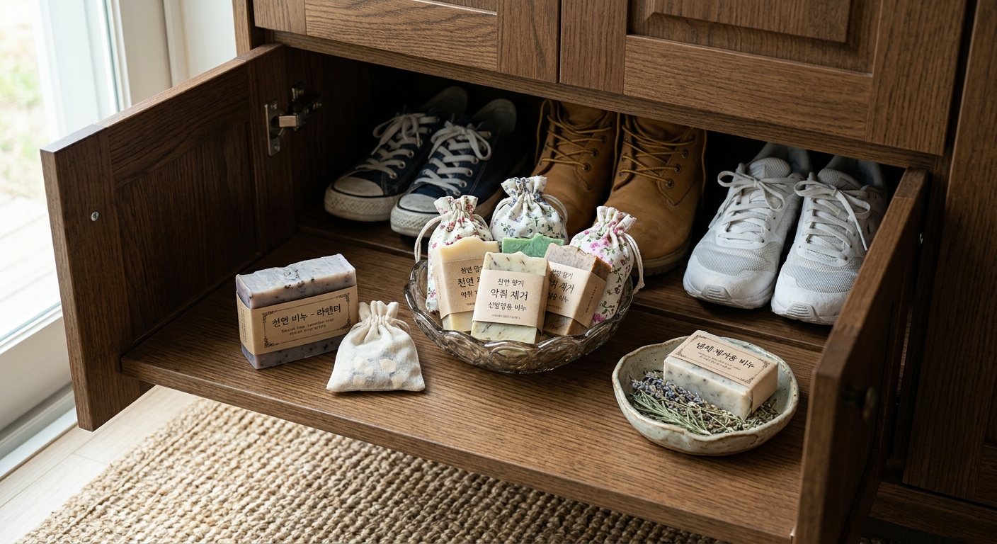 신발장 안 구석에 유리컵에 담긴 비누 조각이 놓여 있는 모습