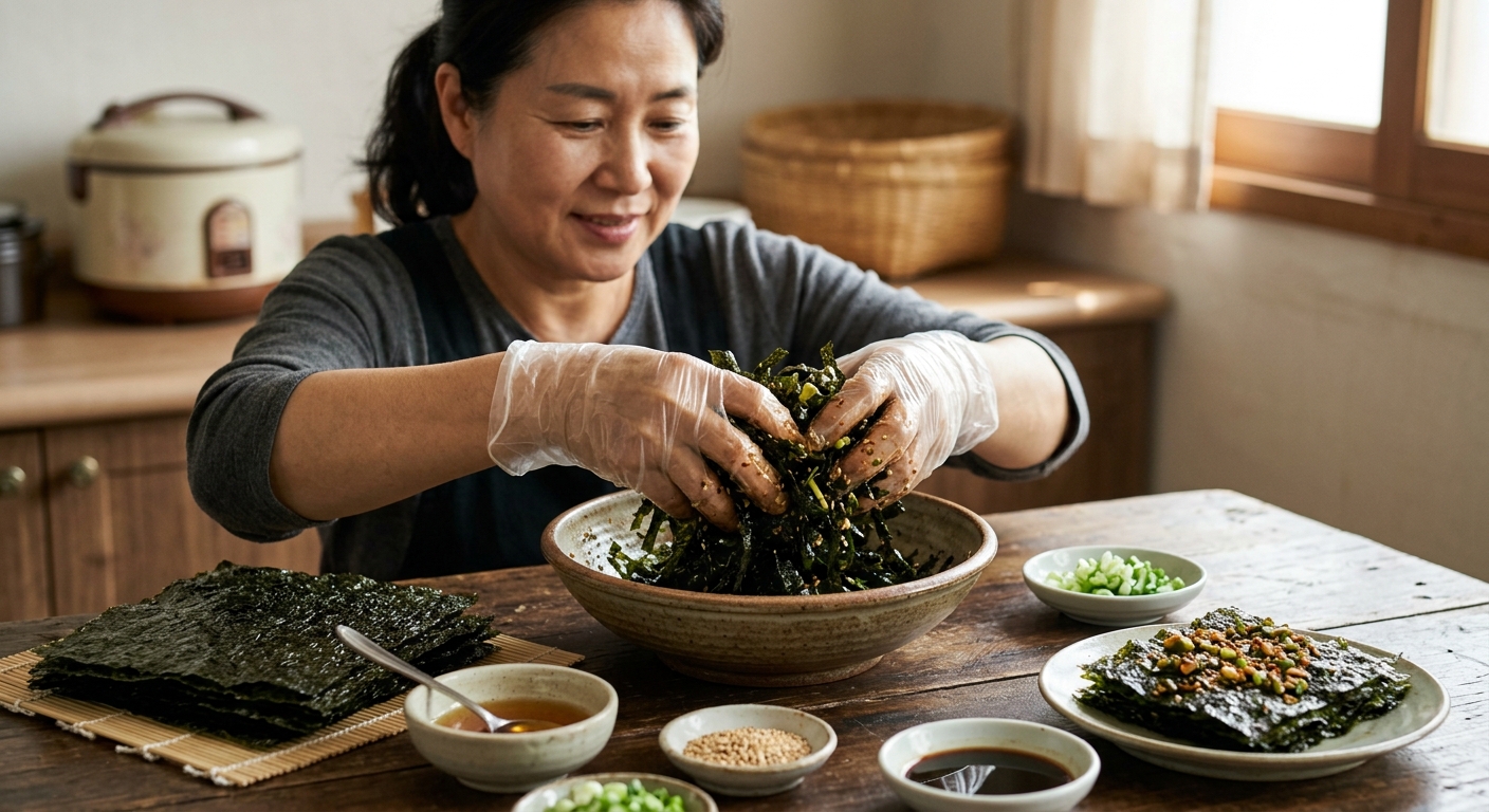 개봉 후 습기를 먹어 바삭함을 잃은 김을 손으로 들어 상태를 살피는 모습