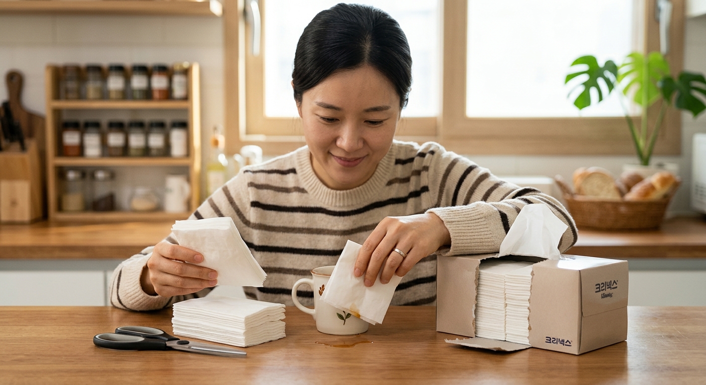 식탁 위에서 반으로 자른 티슈를 사용해 작은 물기를 닦는 모습