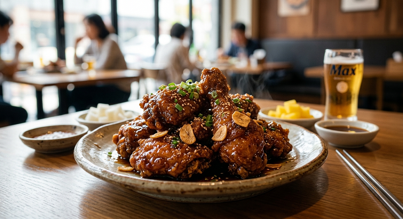 바삭한 간장치킨 위에 마늘 풍미가 더해진 쏘이갈릭킹 클로즈업