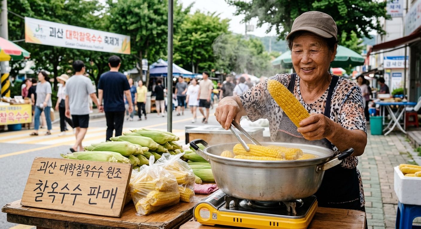 여름철 국도변 판매대에 쌓여 있는 삶은 찰옥수수