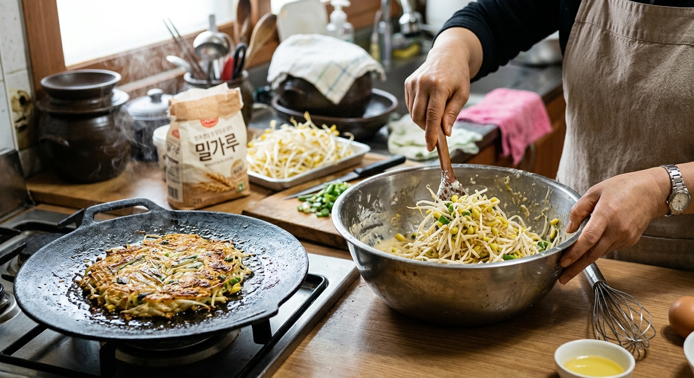 밀가루를 넣은 콩나물 반죽이 팬에서 노릇하게 익어가는 모습