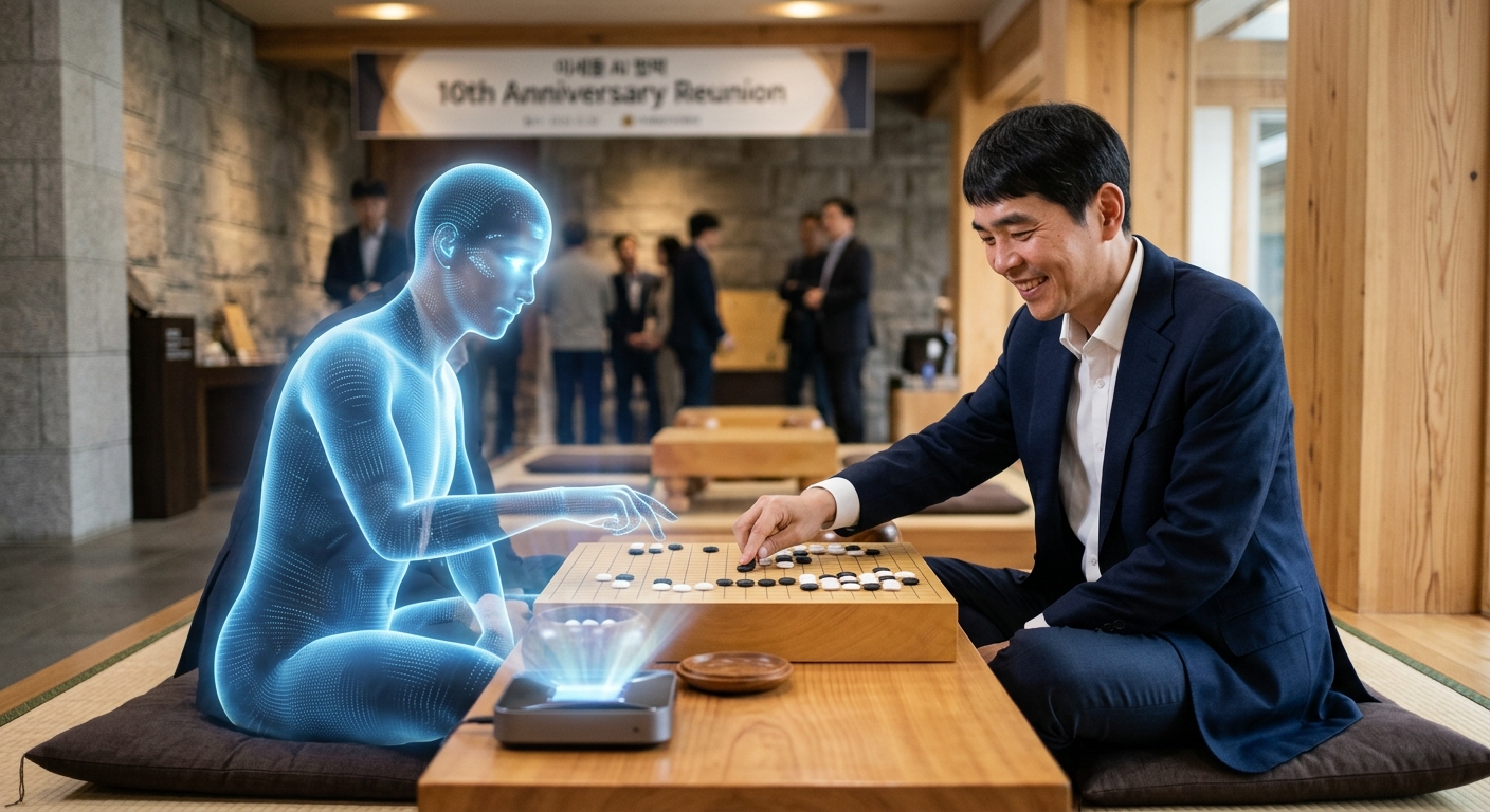 바둑판을 사이에 두고 경쟁이 아닌 협력의 분위기 속에서 마주 앉은 인간과 AI 개념 이미지