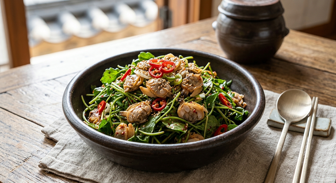 냉이와 바지락을 함께 무쳐 완성한 봄철 제철 반찬