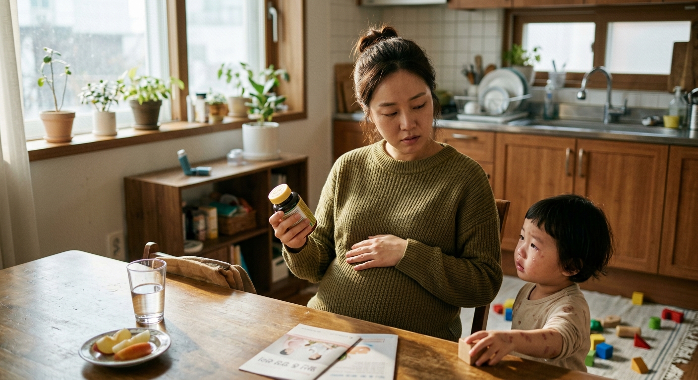 햇빛이 드는 창가에서 배를 감싸 안고 앉아 있는 임신부의 모습