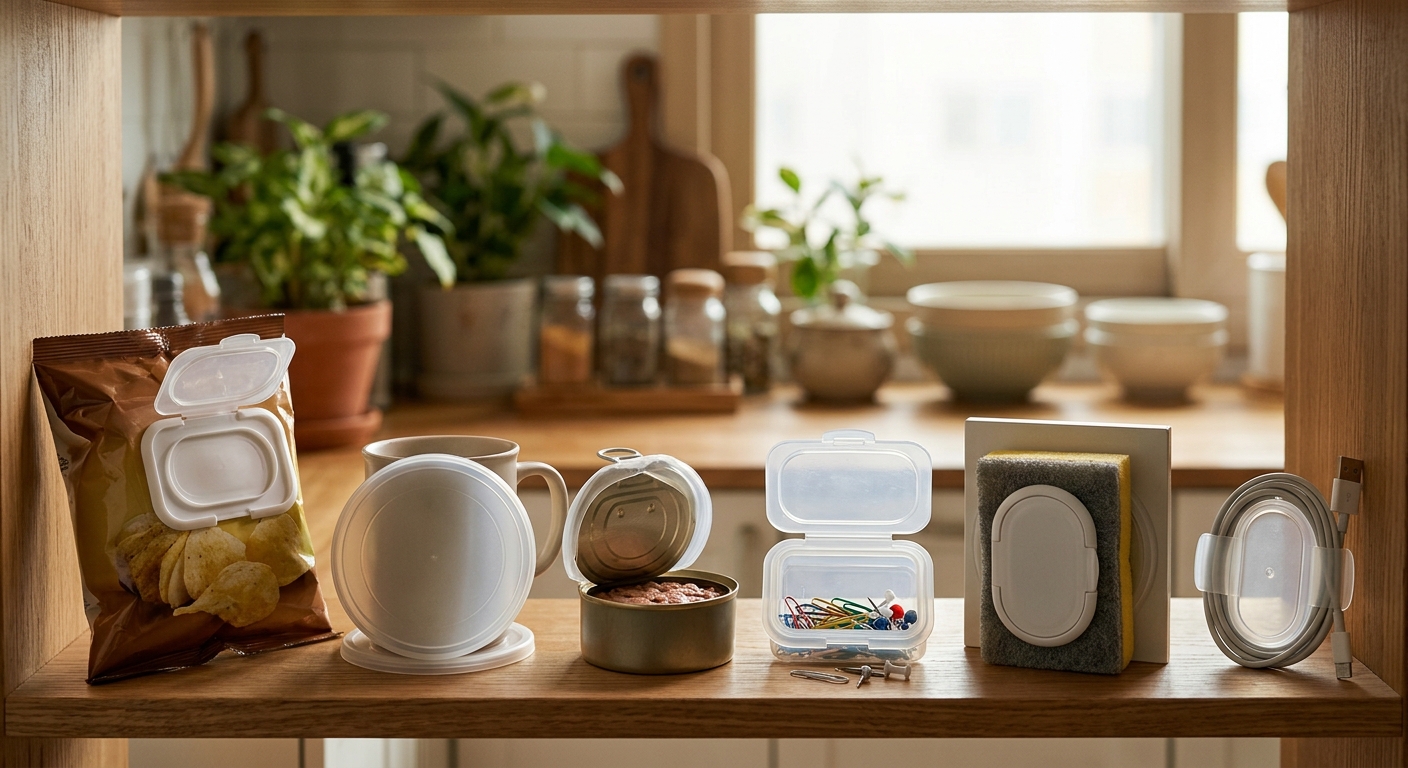 테이블 위에 놓인 여러 개의 물티슈 플라스틱 뚜껑과 간단한 DIY 도구