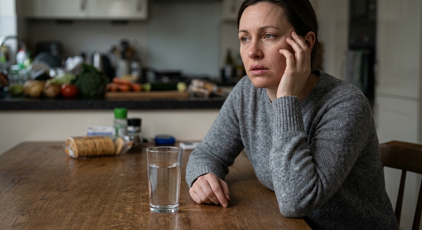 유리컵에 담긴 물과 함께 건강한 수분 섭취를 실천하는 모습