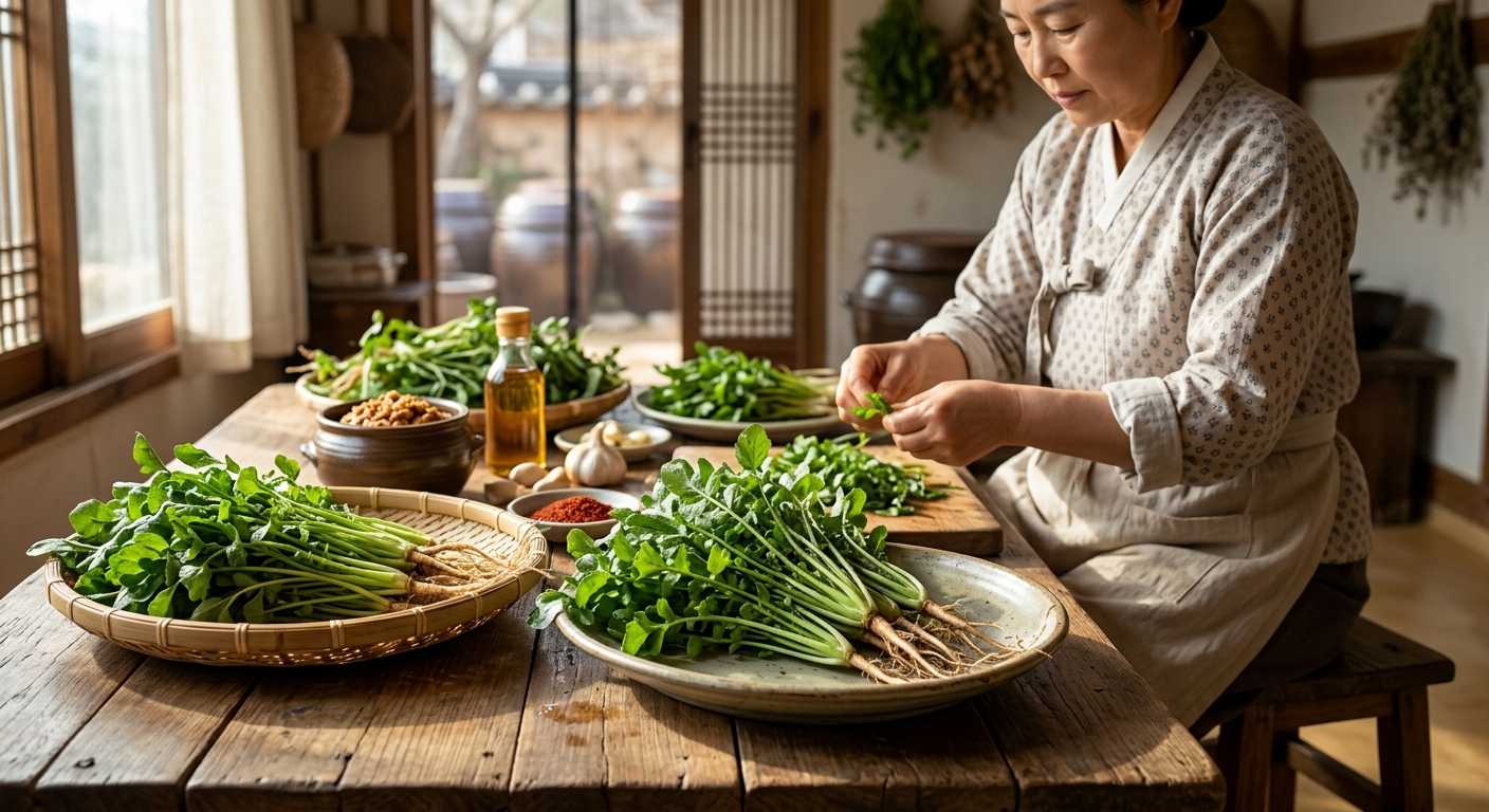 봄철 피로를 느끼며 창가에 앉아 있는 사람과 제철 나물 식탁