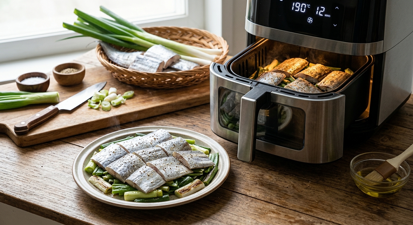 대파를 바닥에 깔아 갈치가 눌어붙지 않도록 준비한 에어프라이어 내부 모습