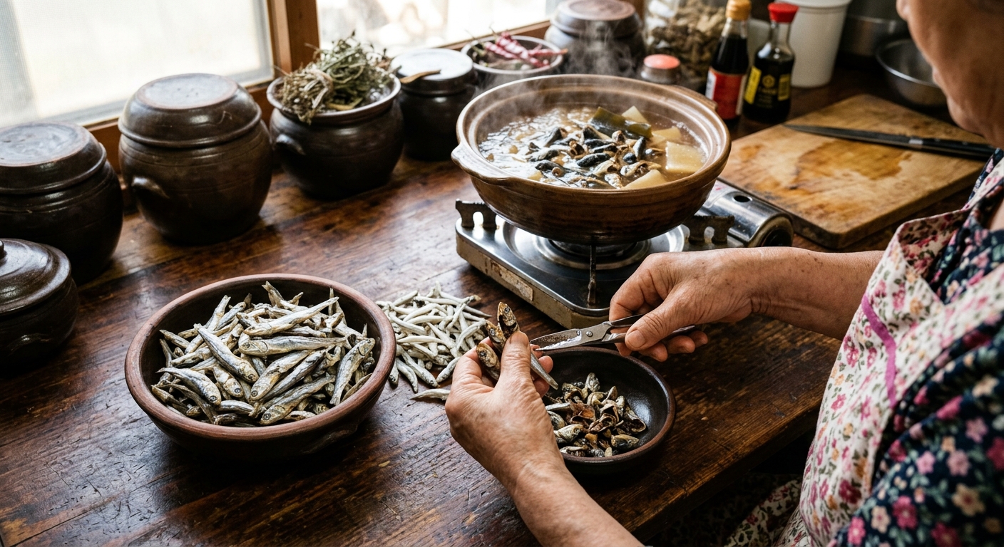 손질한 멸치에서 분리한 머리와 내장이 그릇에 담긴 모습
