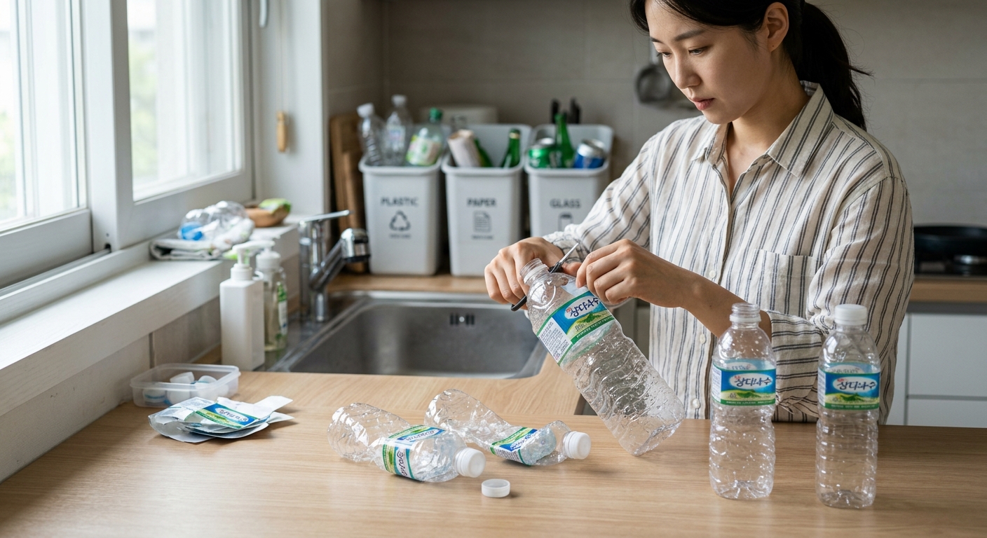 주방 싱크대에서 세척 후 건조 중인 투명 생수병들