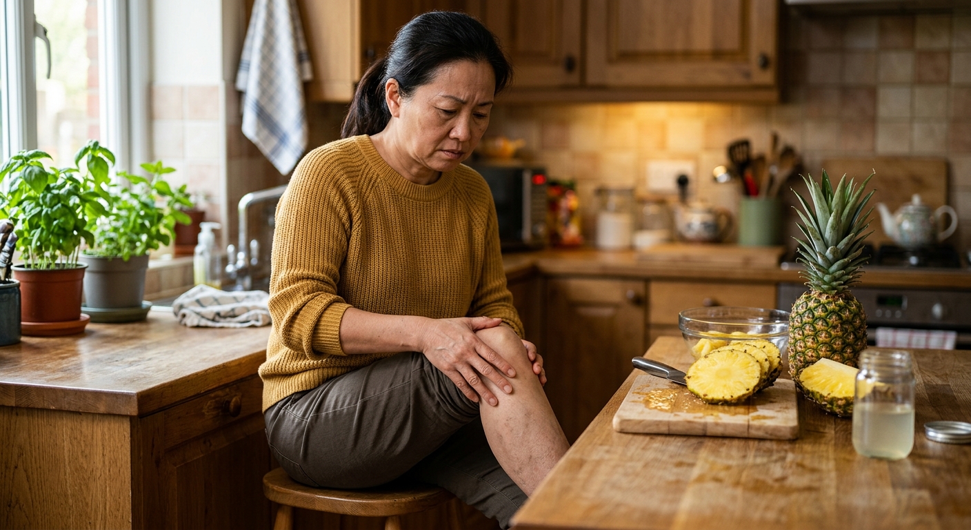 계단 앞에서 무릎을 잡고 불편함을 느끼는 중년 성인의 모습