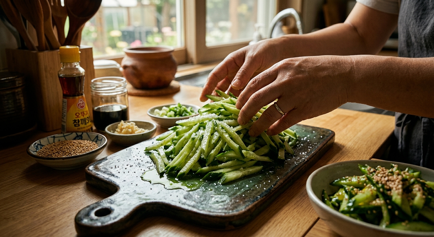 얇게 썬 오이에 소금을 뿌려 볼에 담아 절이고 있는 모습