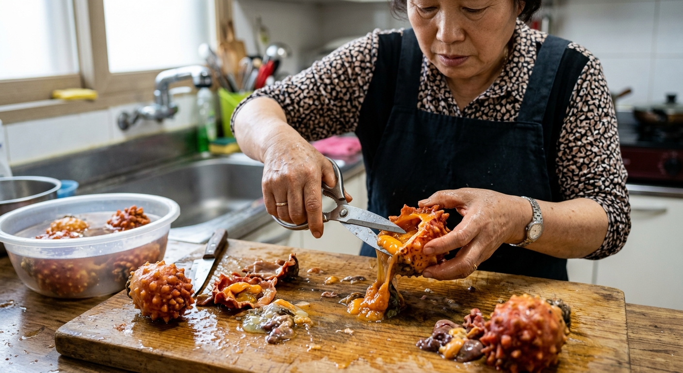 도마 위에 올려진 생멍게 여러 개와 손질 전 모습