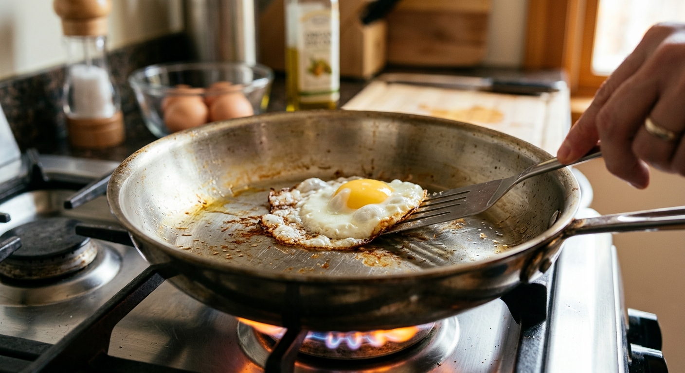 스테인리스 프라이팬과 코팅 프라이팬의 조리 특성을 비교하는 주방 장면