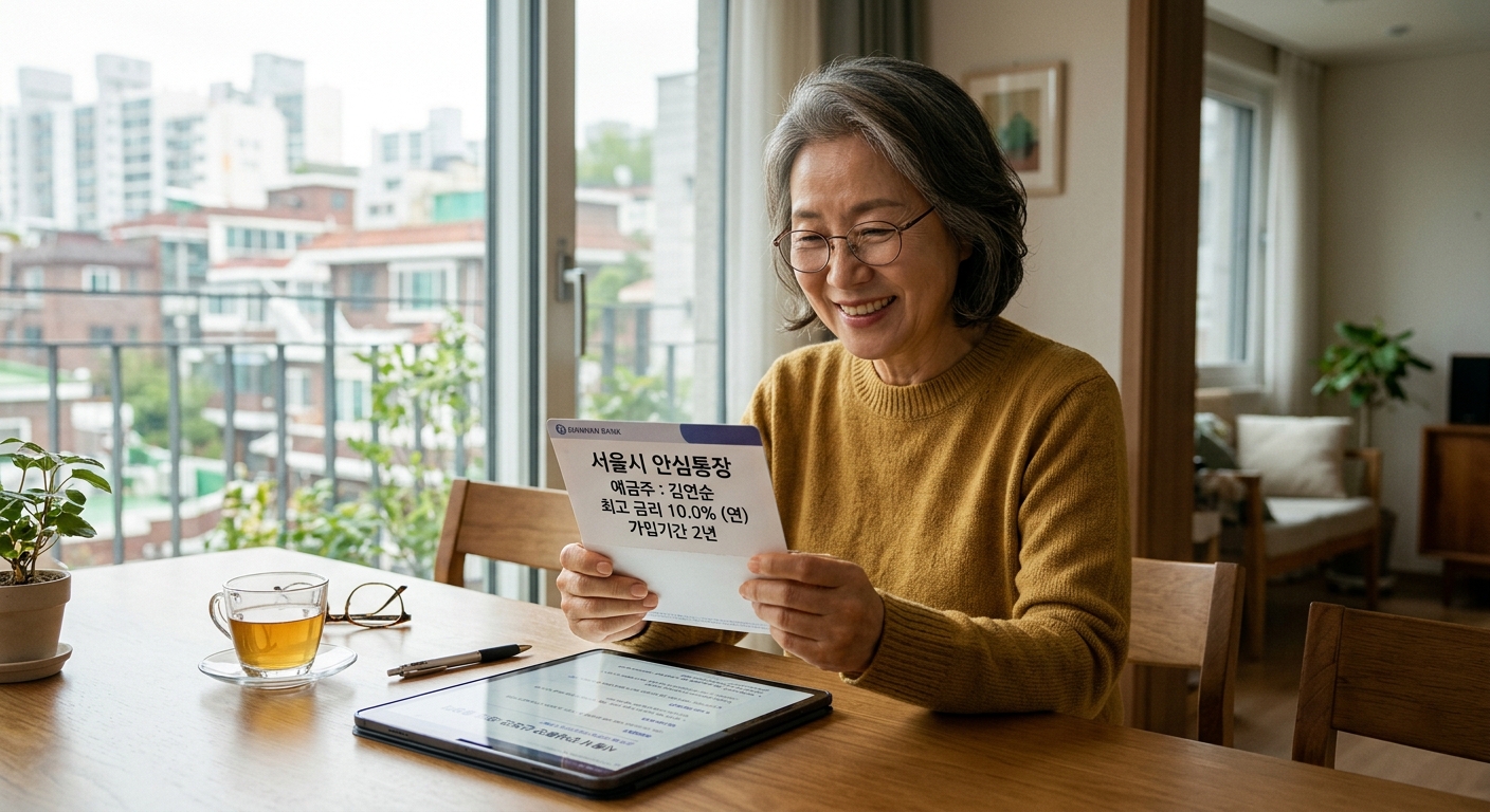 서울의 작은 가게에서 스마트폰과 장부를 보며 운영자금을 확인하는 자영업자 모습