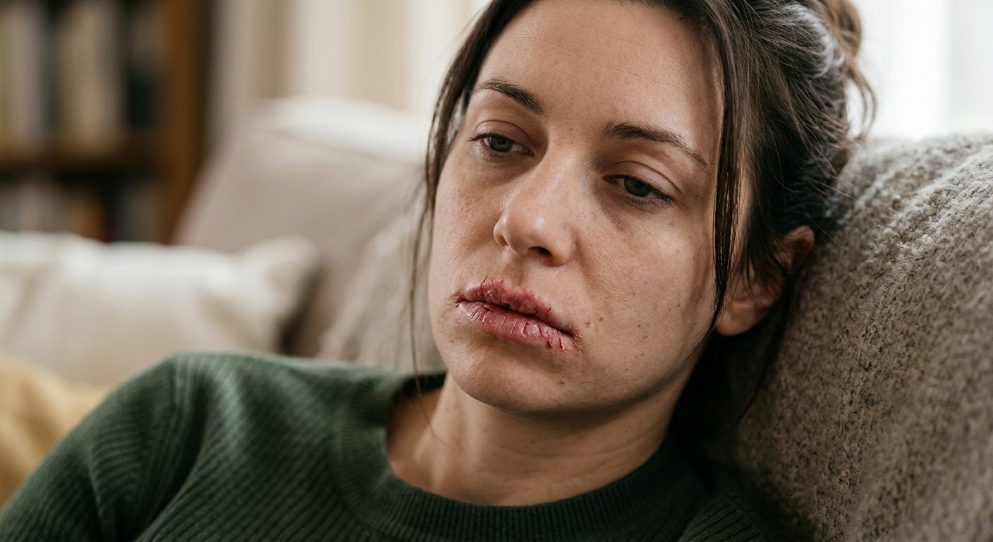 거울을 보며 갈라진 입술을 확인하는 피곤한 성인의 모습