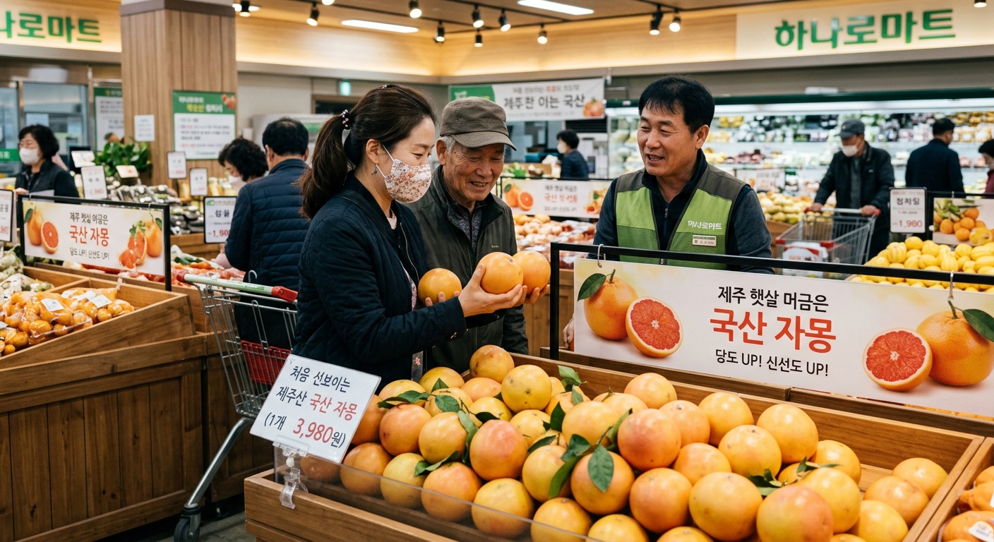 하나로마트 과일 코너에 진열된 제주산 국산 자몽 모습