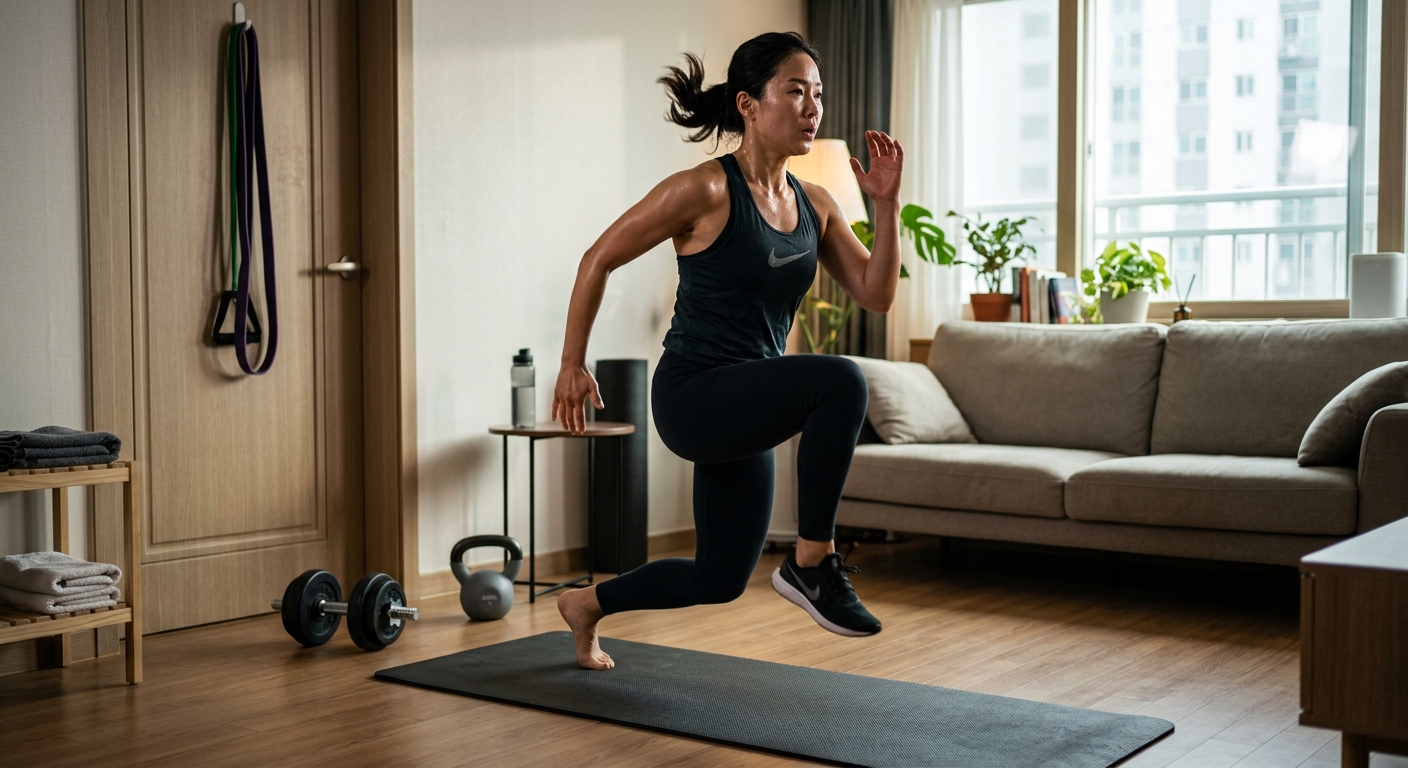 거실에서 매트 위에 서서 홈트레이닝을 준비하는 사람의 모습