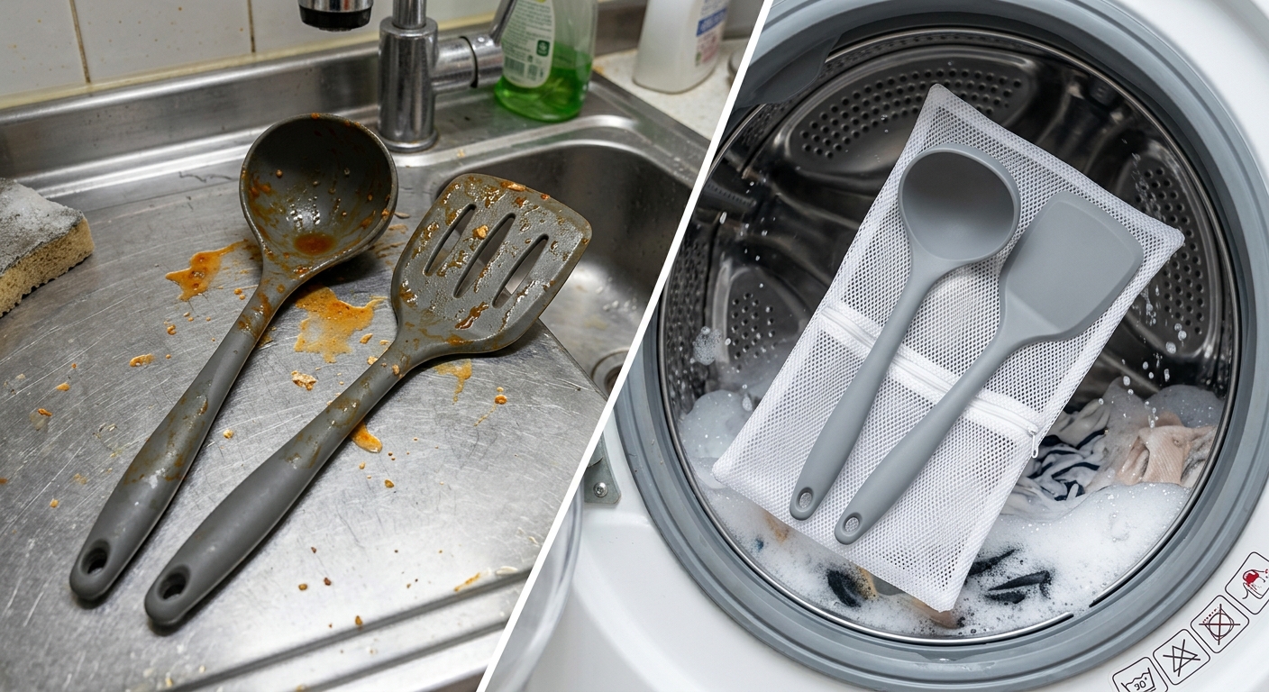 실리콘 국자와 뒤집개 표면에 남은 기름기와 사용 흔적을 보여주는 모습