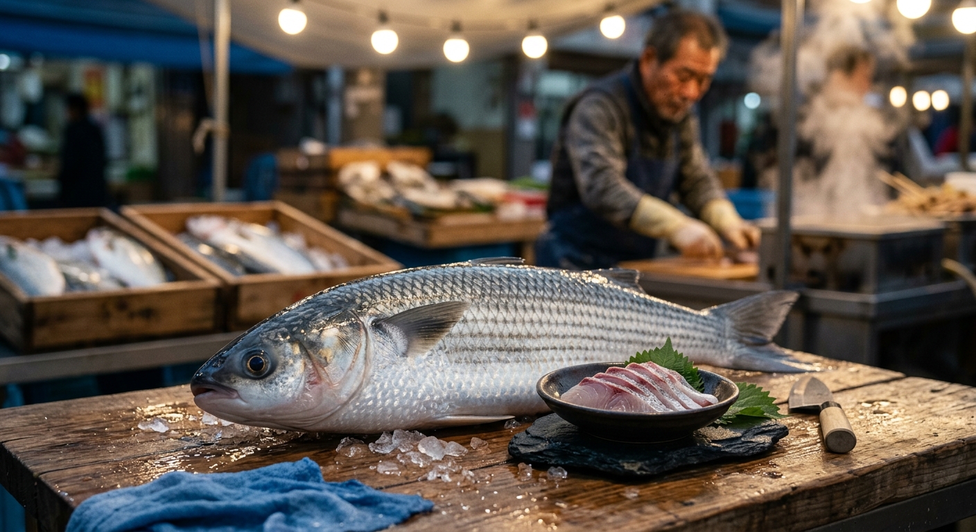 신선한 숭어회가 접시에 정갈하게 담긴 모습
