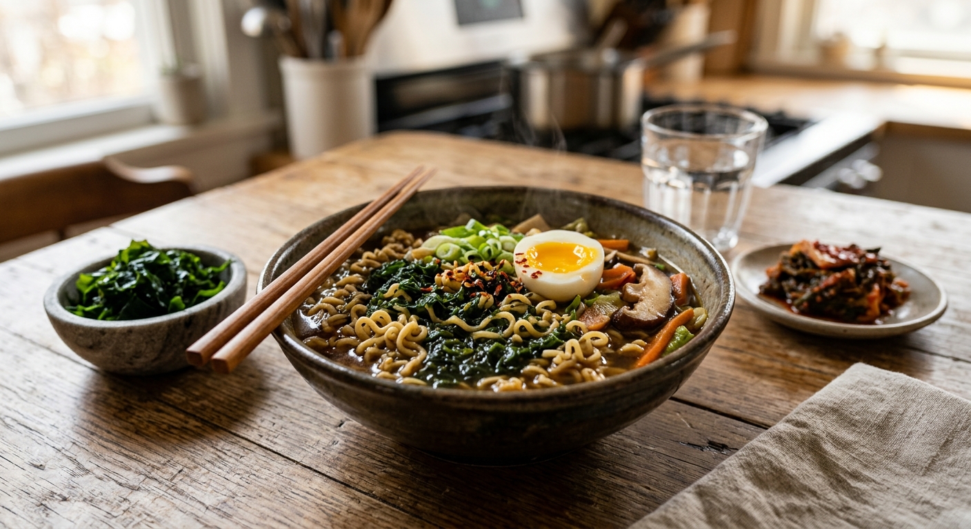 정제 탄수화물 위주의 라면 한 그릇과 건강한 재료 추가의 필요성을 보여주는 이미지