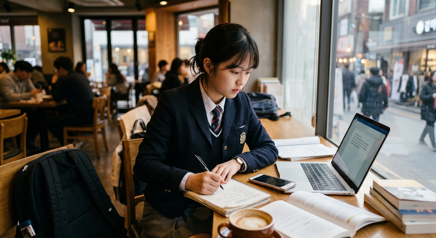교실에 앉아 노트북을 바라보는 여고생이 낮과 밤의 이중생활을 상징적으로 표현한 장면