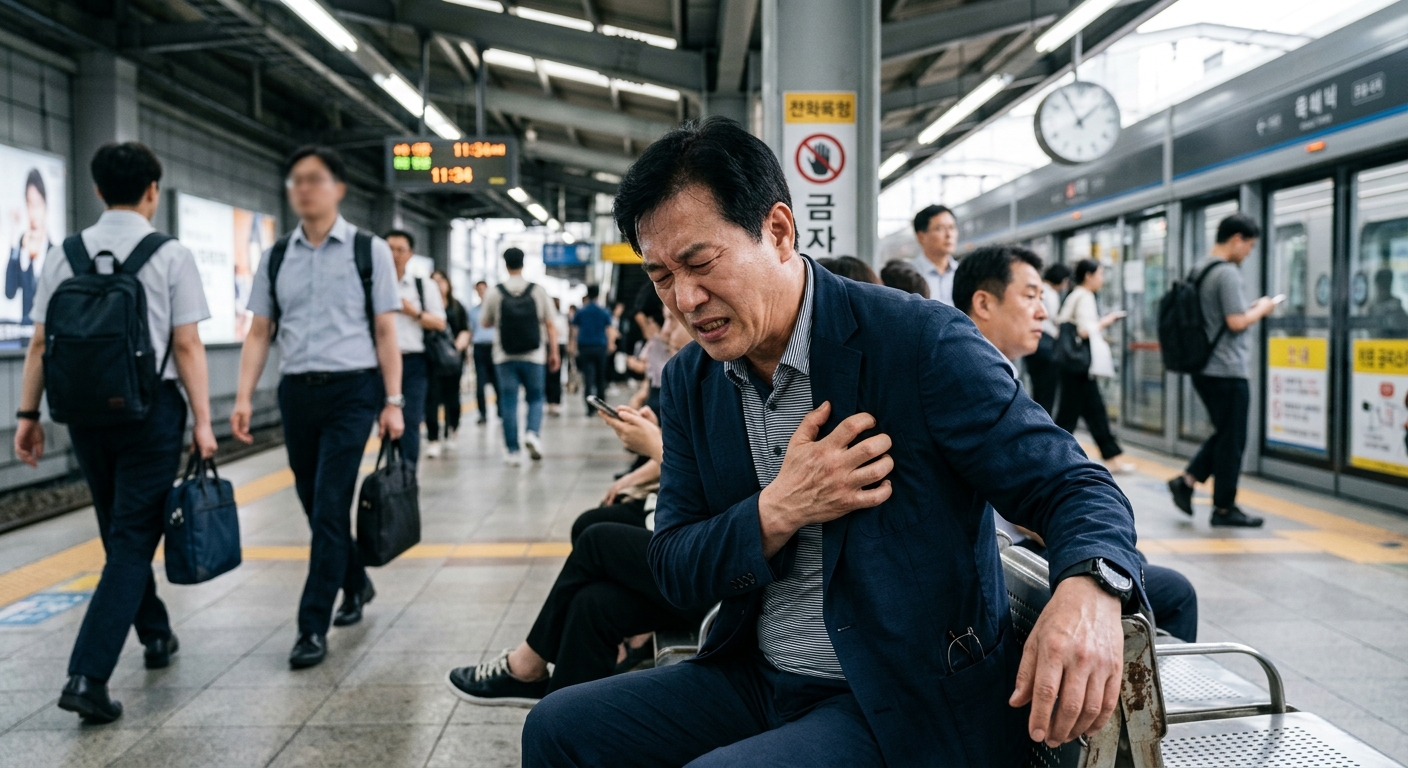 가슴을 부여잡고 통증을 호소하는 성인의 모습