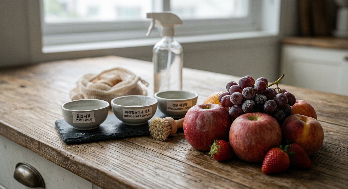 주방 싱크대 위에 베이킹소다와 식초, 그리고 과일이 함께 놓인 모습