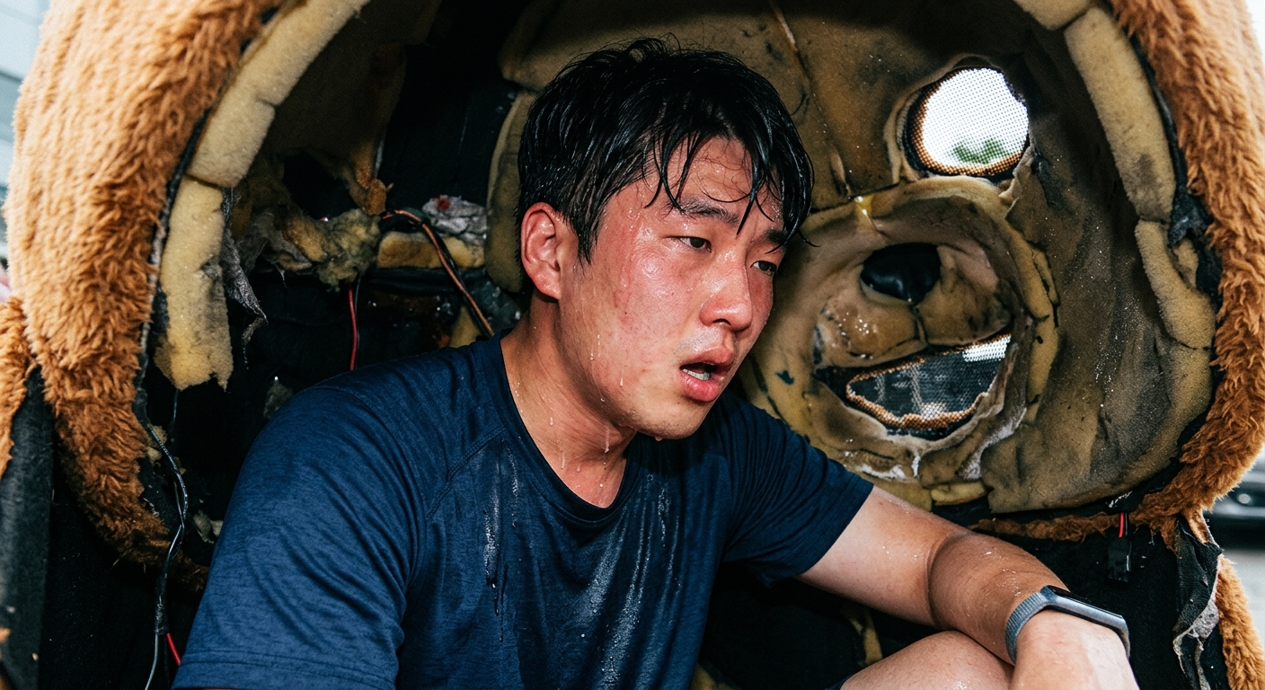 한여름에 인형탈을 쓰고 더위와 땀으로 지친 아르바이트 상황