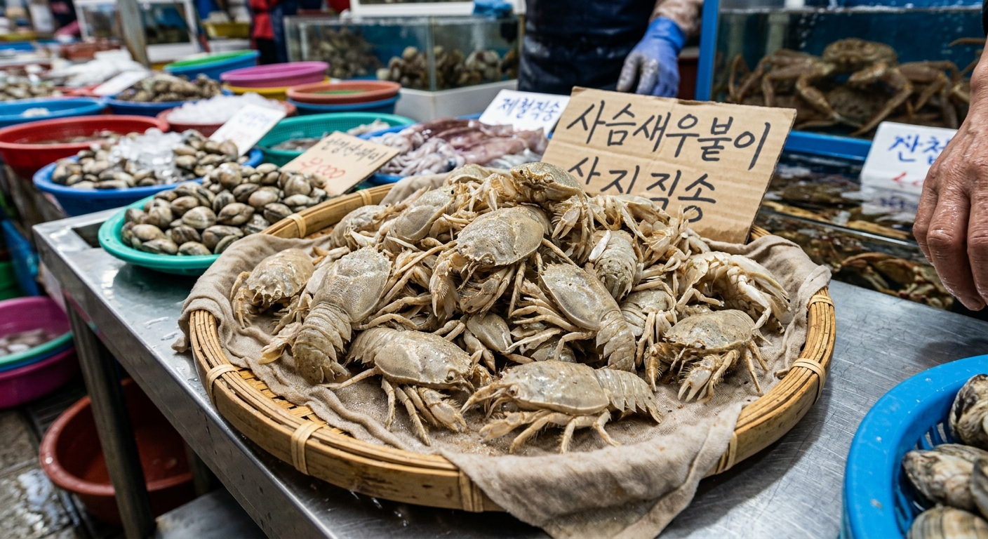 수산 시장 트레이 위에 놓인 희귀 심해 갑각류 사슴새우붙이