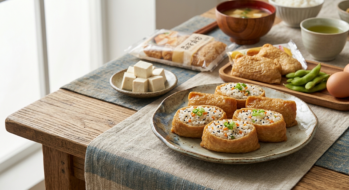 샐러드와 함께 담긴 유부 요리 클로즈업 이미지