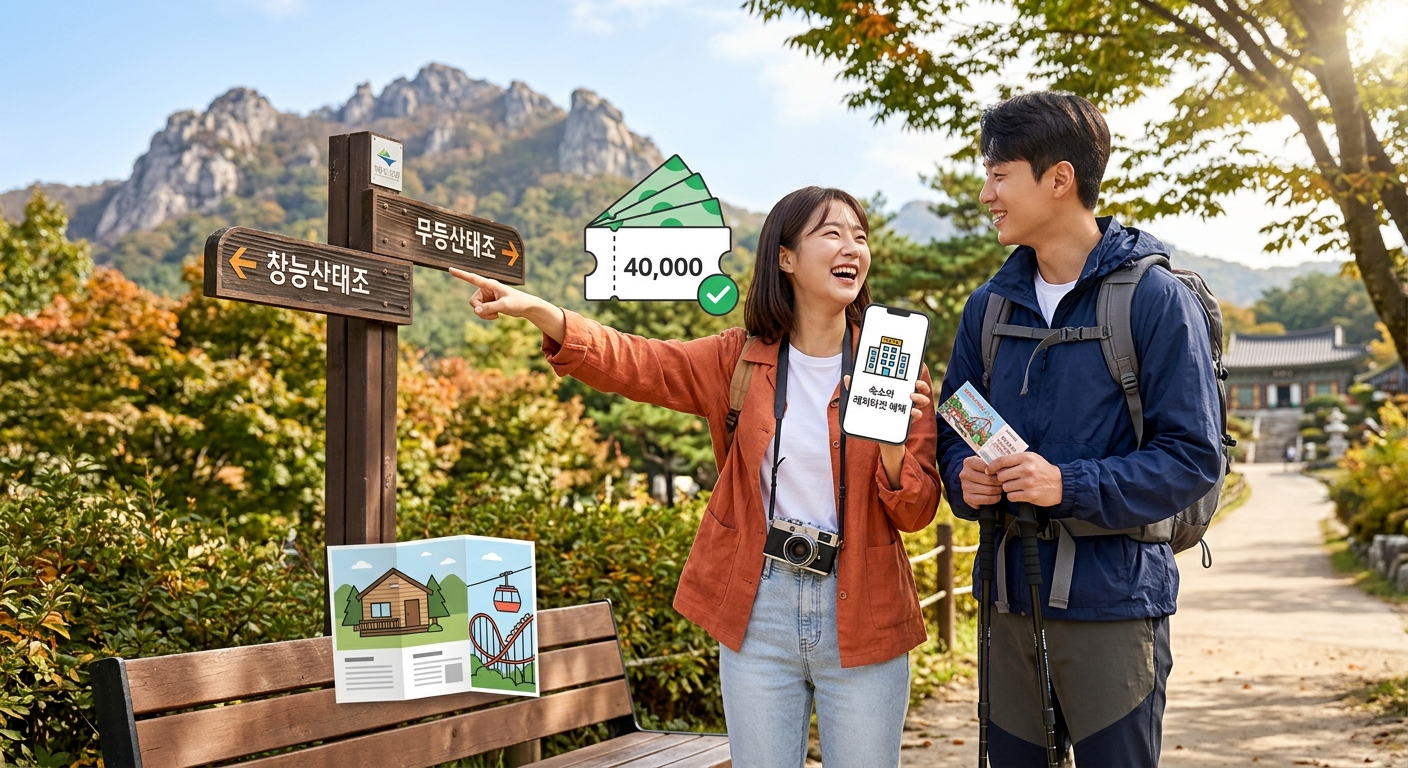 할인 쿠폰이 적용된 숙소 예약과 레저티켓을 보여주는 여행 콘셉트 이미지