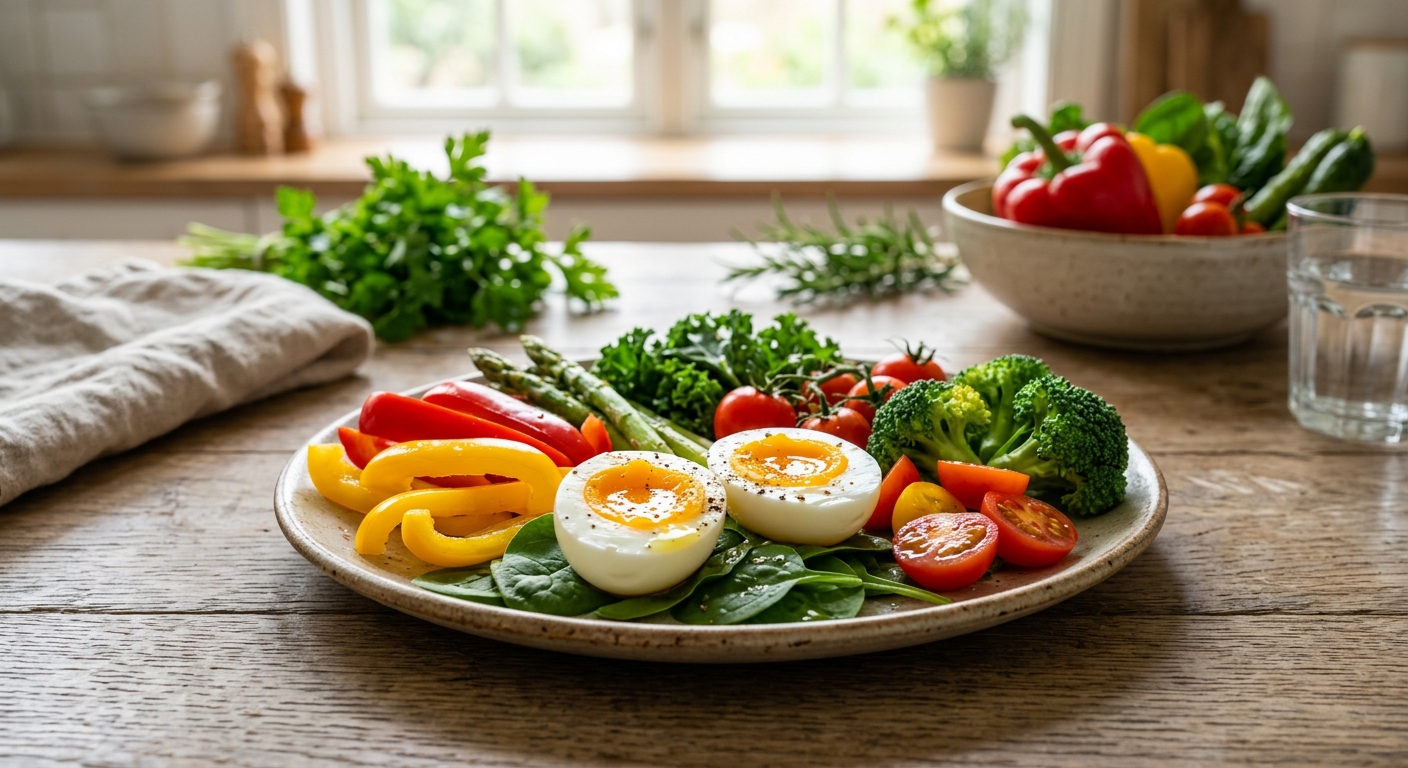 삶은 달걀과 브로콜리, 토마토가 함께 담긴 건강식 접시