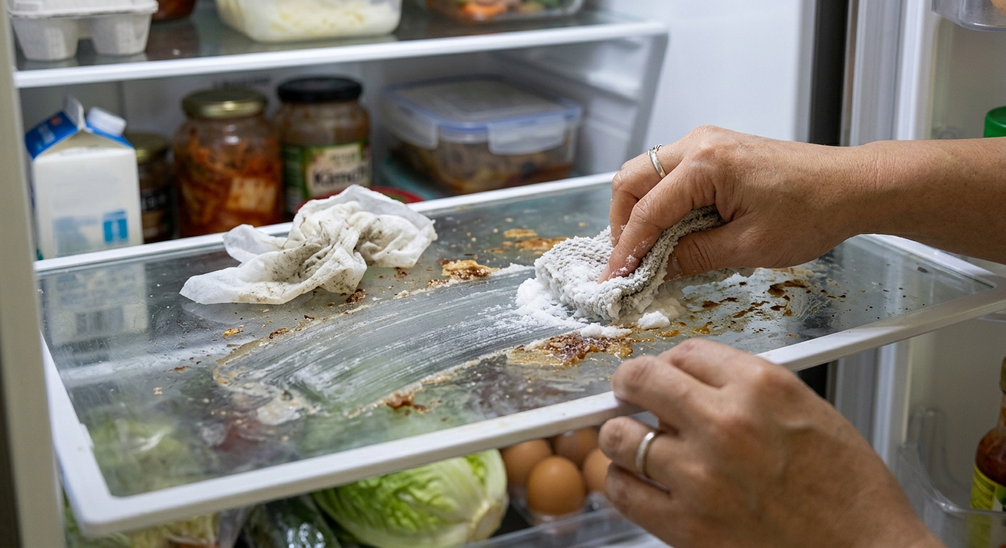 물티슈로 닦은 뒤에도 냉장고 선반에 얼룩과 끈적임이 남아 있는 장면