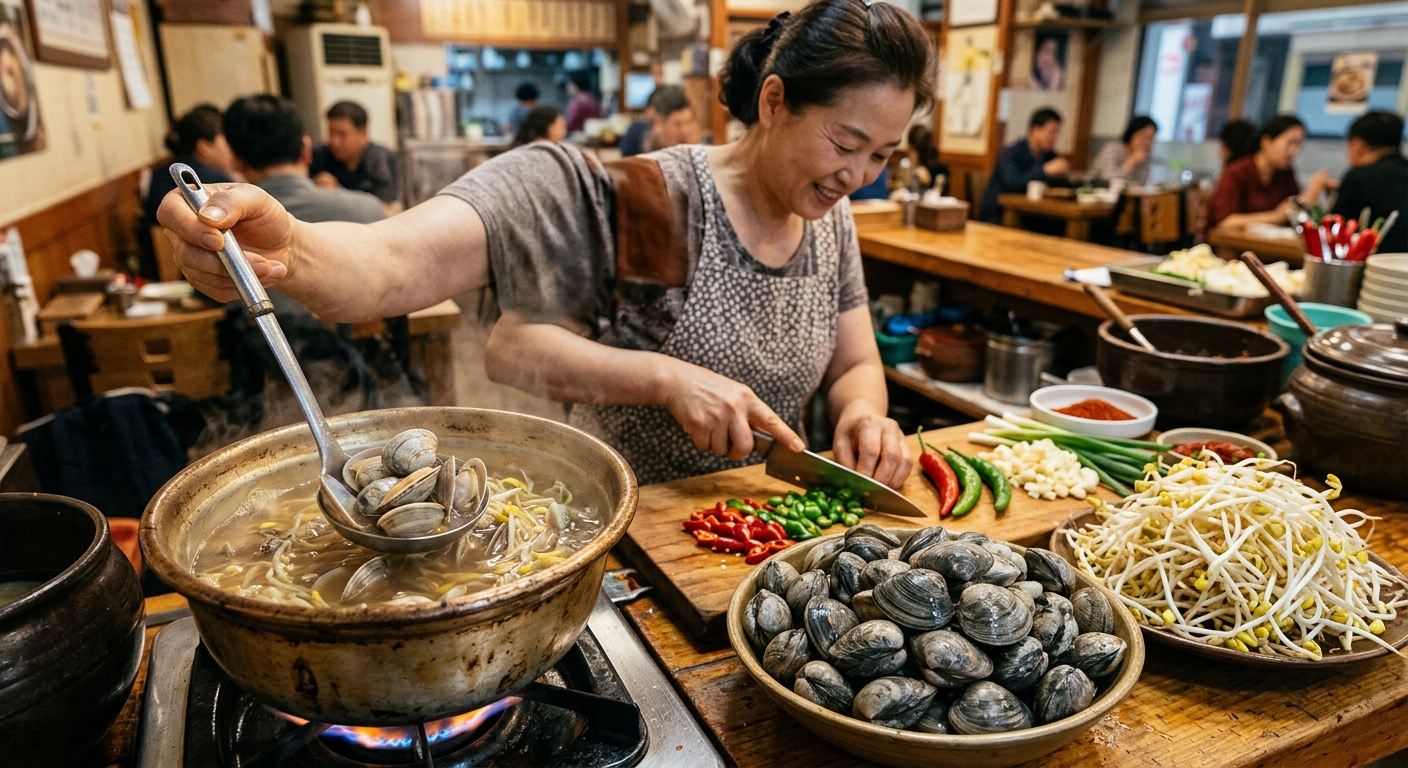 싱싱한 바지락과 통통한 콩나물을 준비한 조리 전 재료 사진