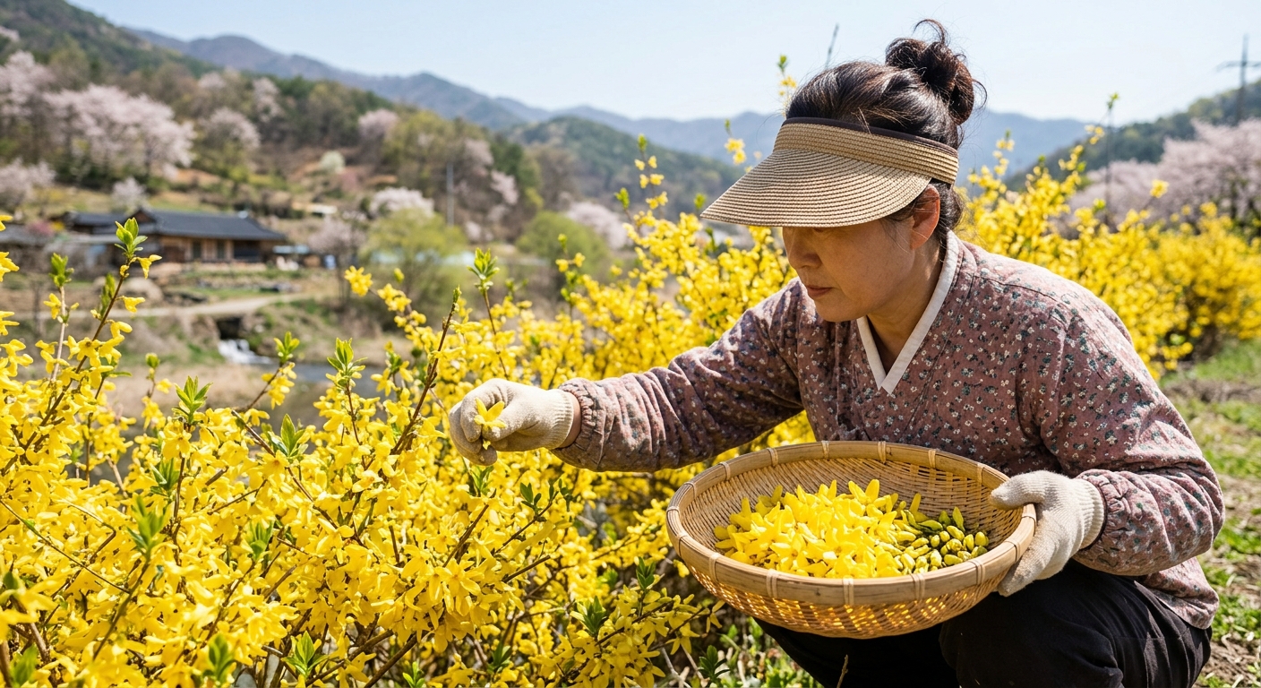 깨끗하게 세척된 식용 개나리꽃을 손질하는 모습