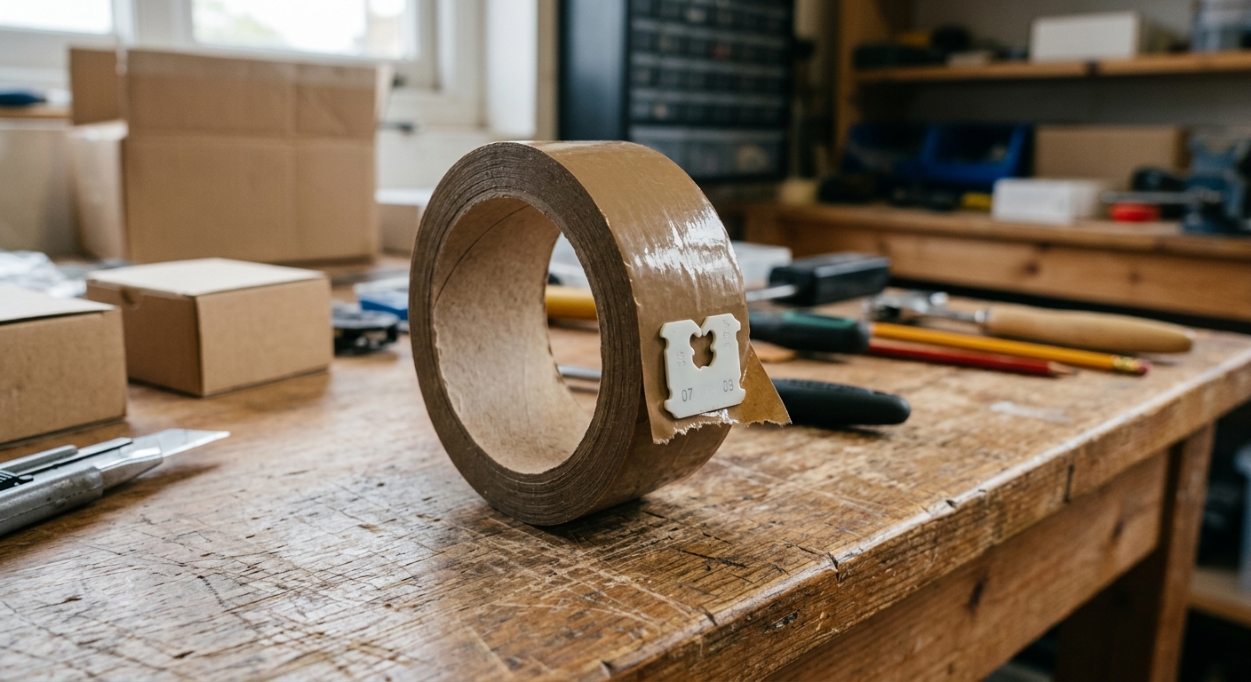 투명 박스테이프 롤 끝에 빵클립이 끼워져 있는 장면