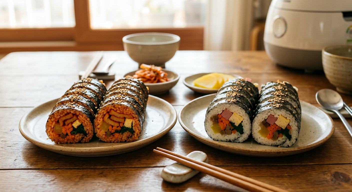 매콤한 어묵김밥과 기본 재료가 들어간 원조김밥을 나란히 보여주는 이미지